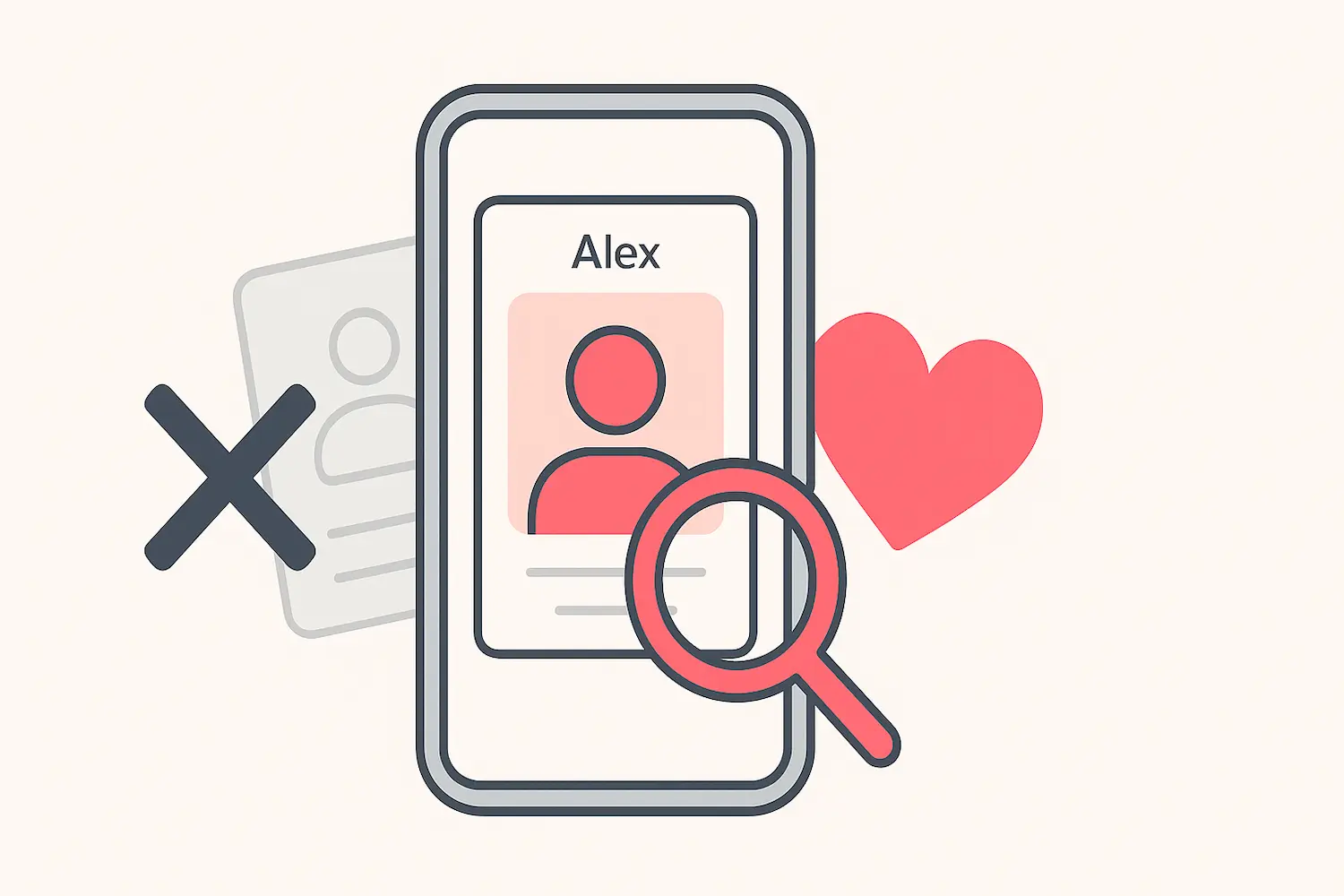 Illustration for a guide on whether you can search for people on Tinder, showing a magnifying glass over profiles.