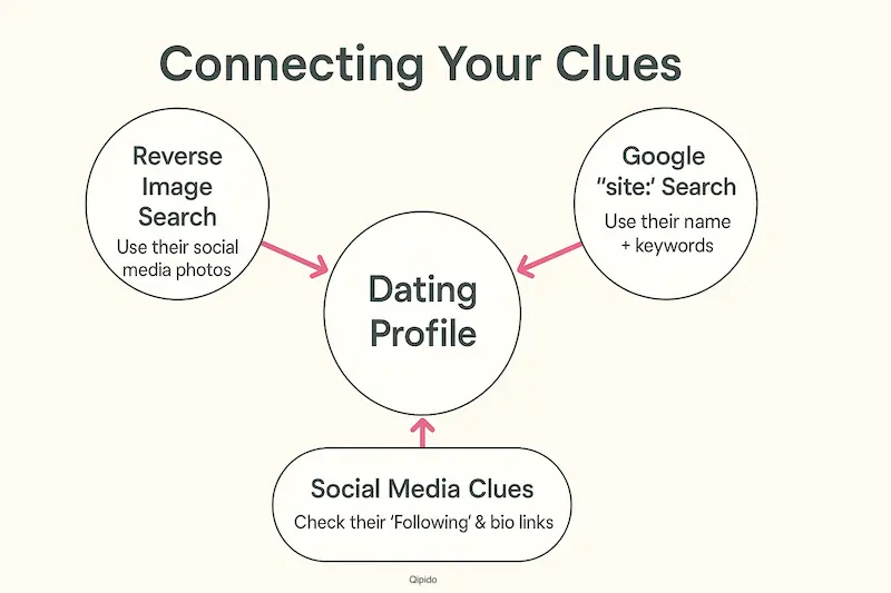 Infographic diagram showing how to combine clues like reverse image search, Google search, and social media to find a dating profile.