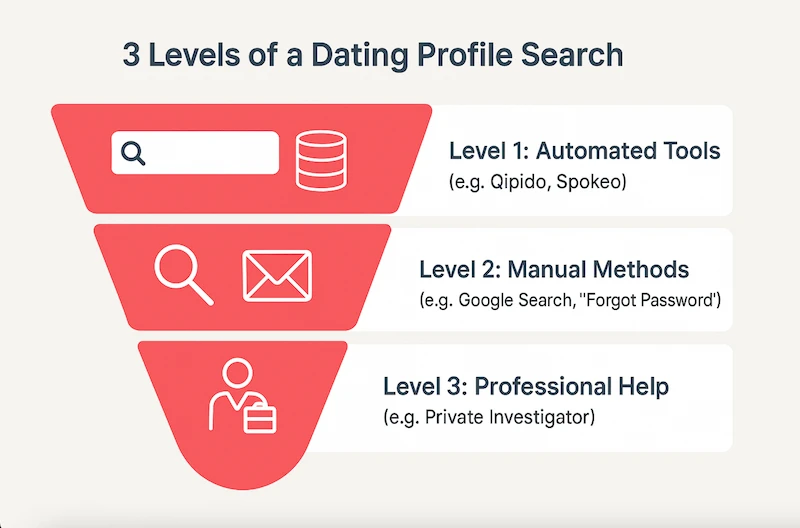 Infographic diagram showing the 3 levels of a dating profile search, from automated tools to manual methods and professional help.