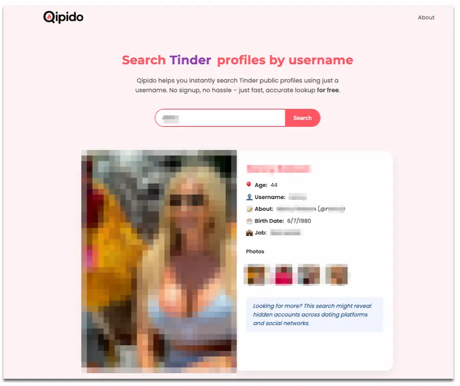 An example of a successful Tinder profile found using Qipido.