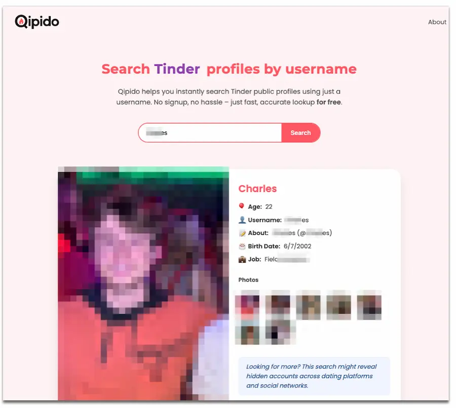 An example of searching for a username on the Qipido Tinder finder tool.